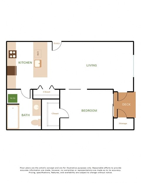 Floor plan for 1 bed, 1 bath, 631 sqft